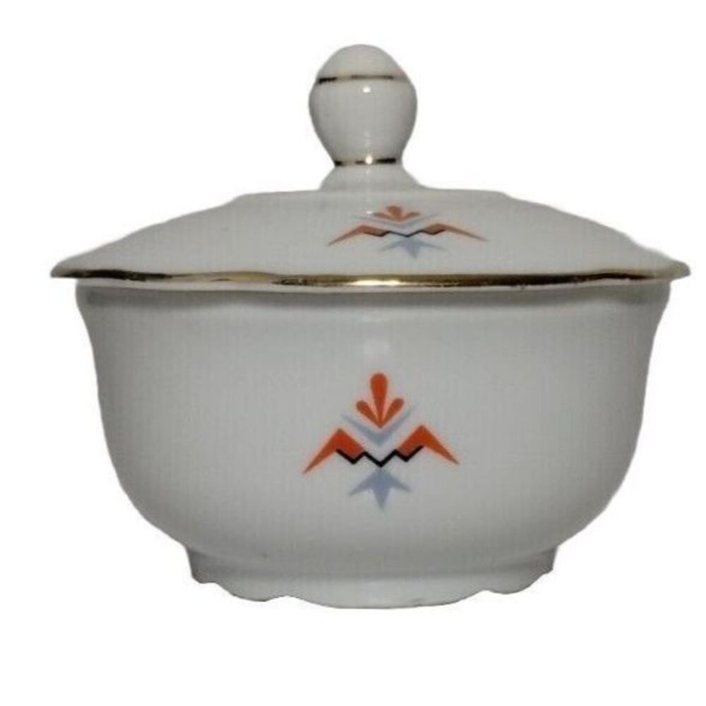 Vintage Sugar Bowl with Lid White Porcelain Gold Trim‎ Geometric Design